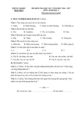 Đề trắc nghiệm kiểm tra Sinh học 6 - Năm học 2016-2017 - Phòng GD&ĐT Thái Thụy